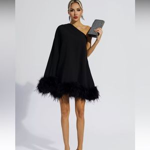 Ailani Black Feather Trim One Shoulder Mini Dress - Size SMALL - NYE Cocktail